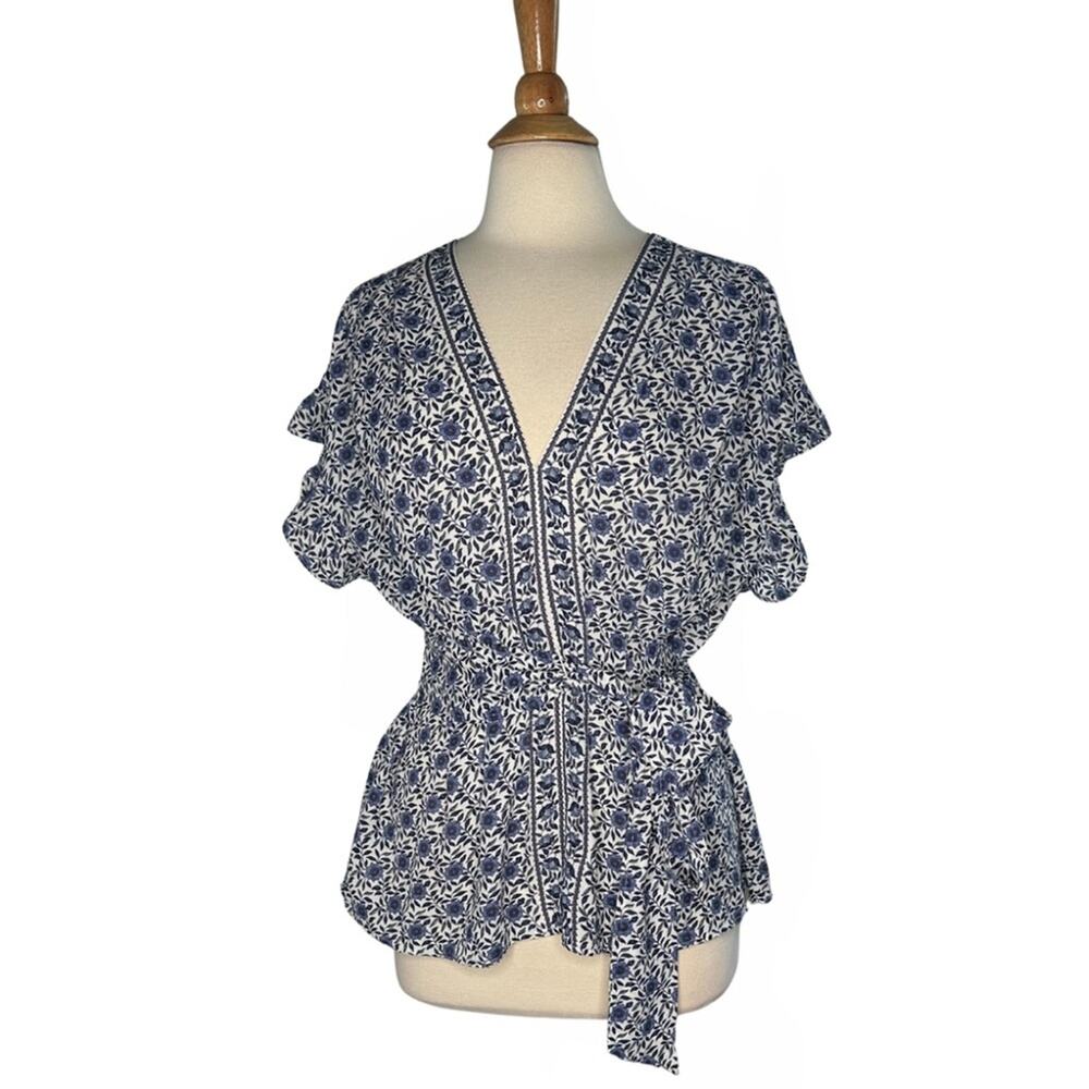 Max Studio Blue Floral Sinched Waist Tie Up Bow Lightweight Sheer Ruffle N37